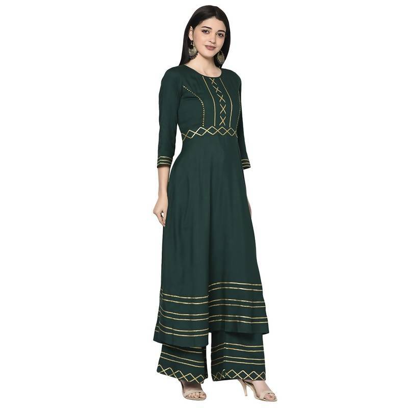 Women Bottle Green Rayon Anarkali Kurta with Palazzo by Aniyah (