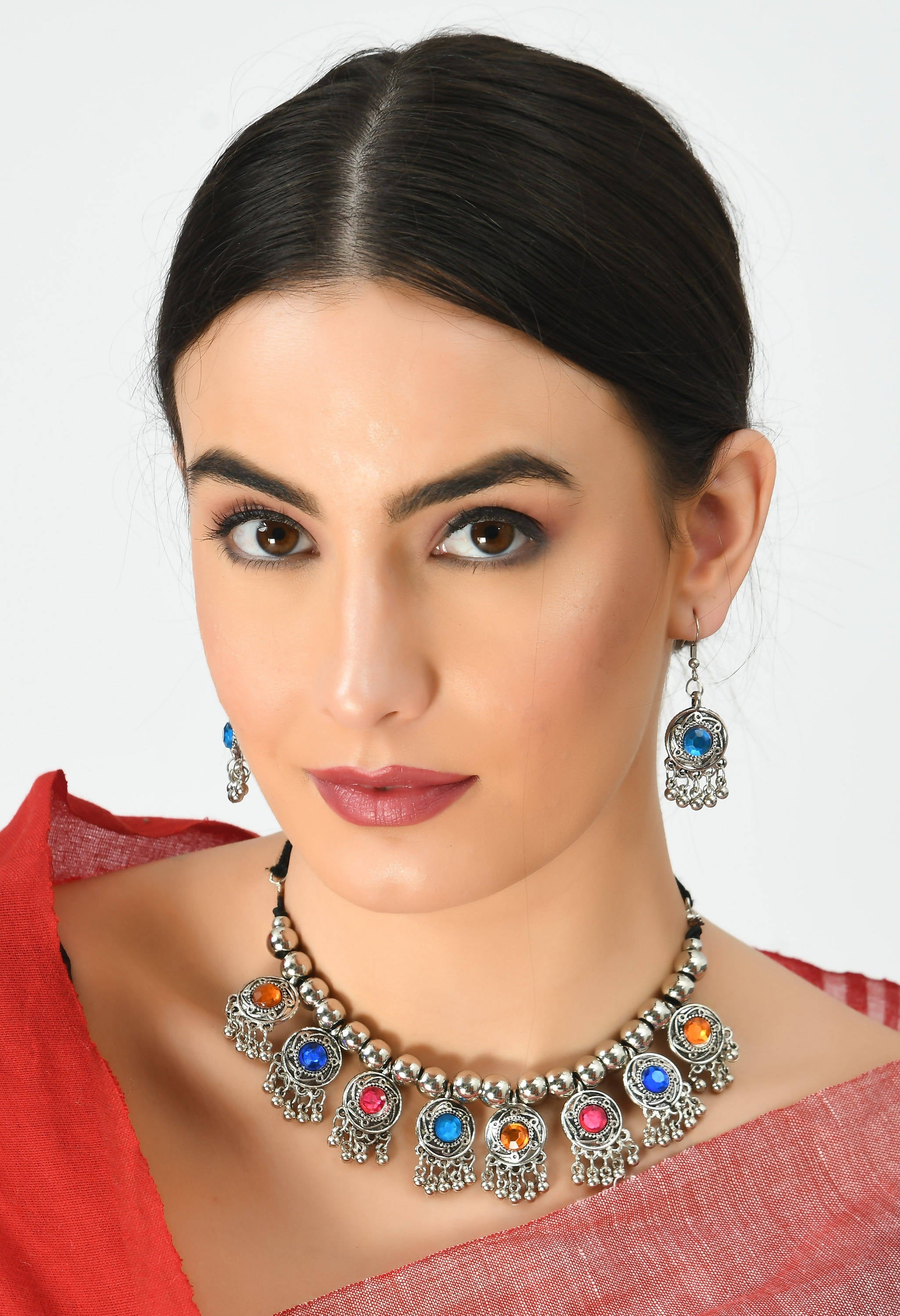 Kamal Johar Silver-Plated Multi Color Necklace with Ear