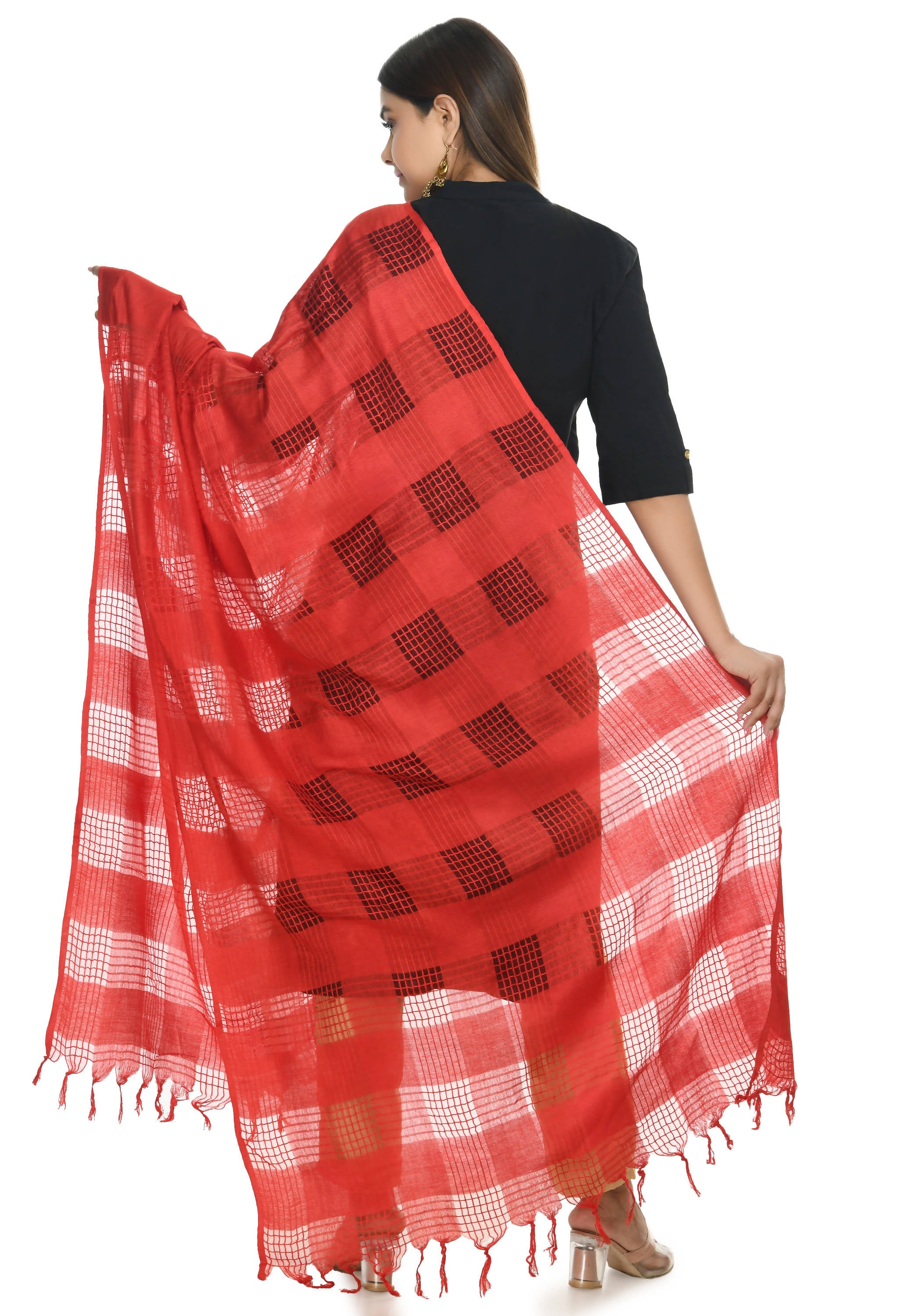Women's Red Colour Window Design Cotton Dupatta Mfd0014