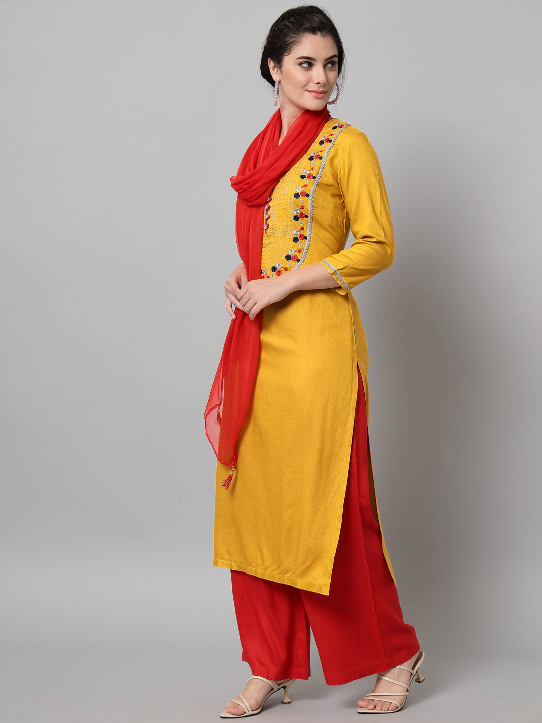 Women's Mustard Rayon Embroidered Kurta Trouser Set With Dupatta