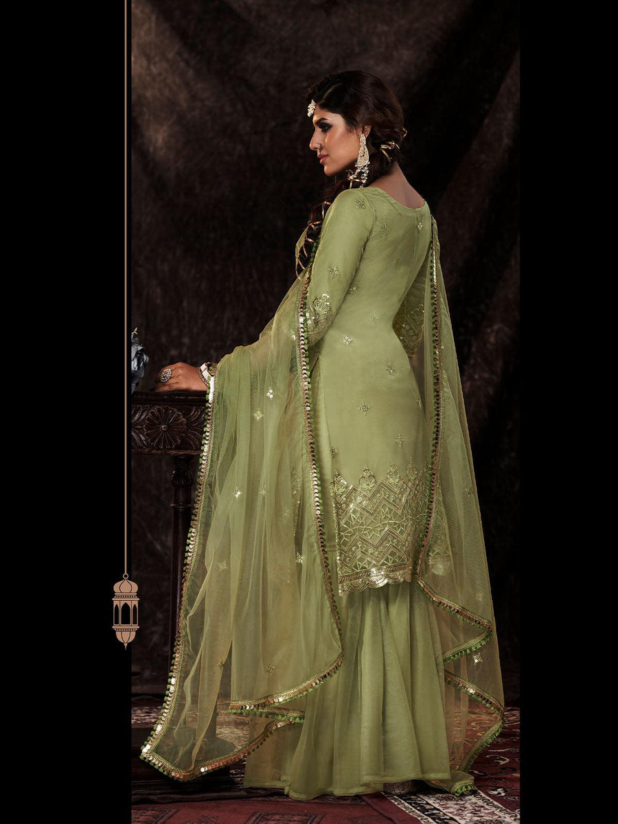 Pastel Pista Plaza Set with Border Dupatta & Classy V-Neck