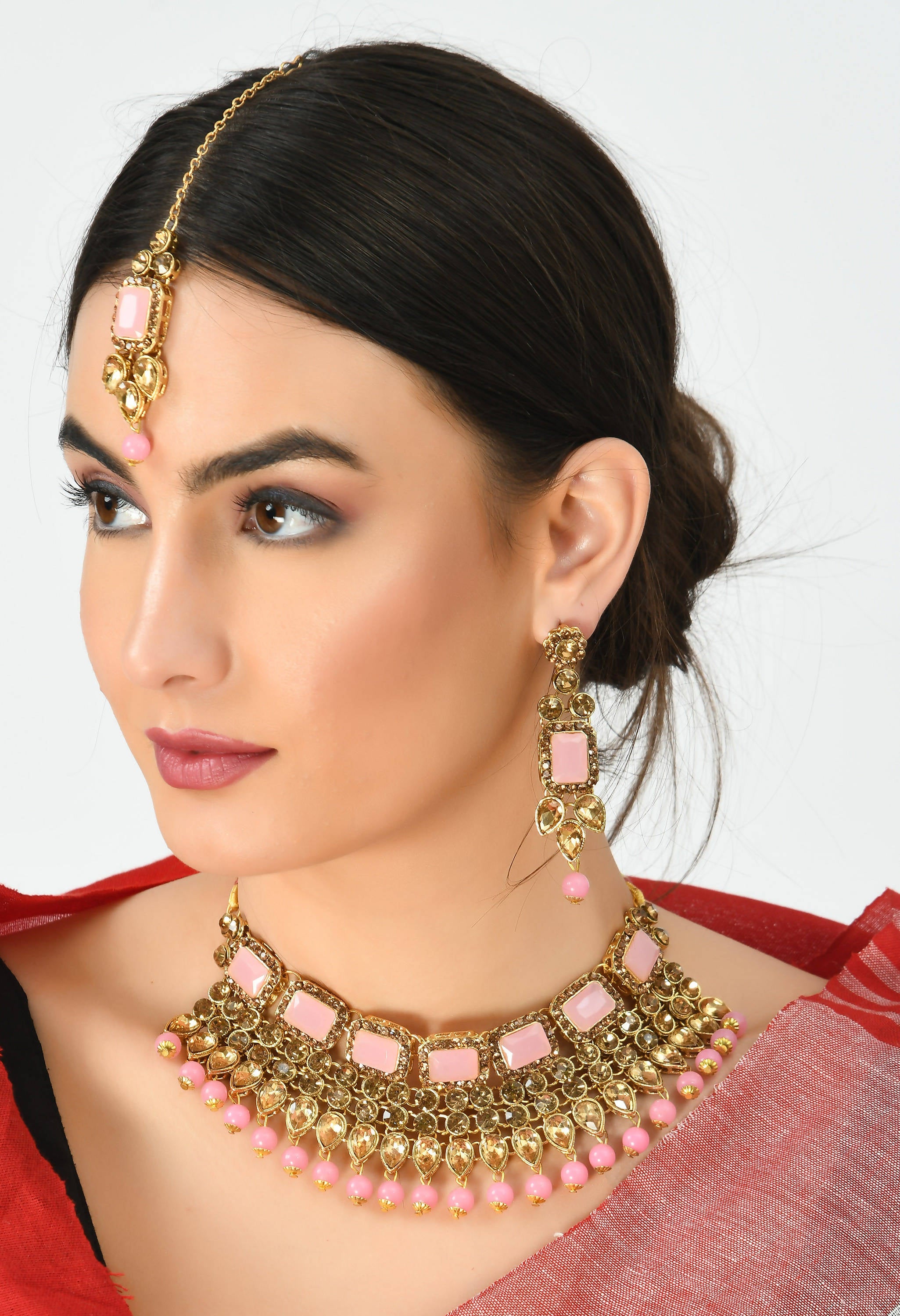 Kamal Johar Gold-Plated Stone & Pearls Baby Pink Necklace Set Mangal