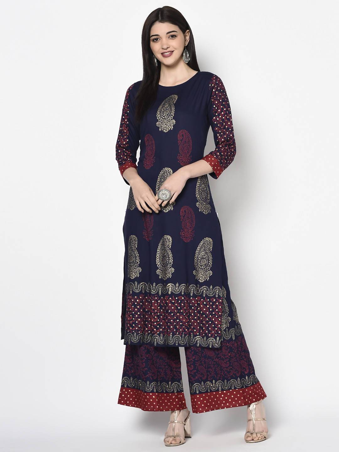 Women's Navy Blue Rayon Block Print Flared slip-on Palazzo