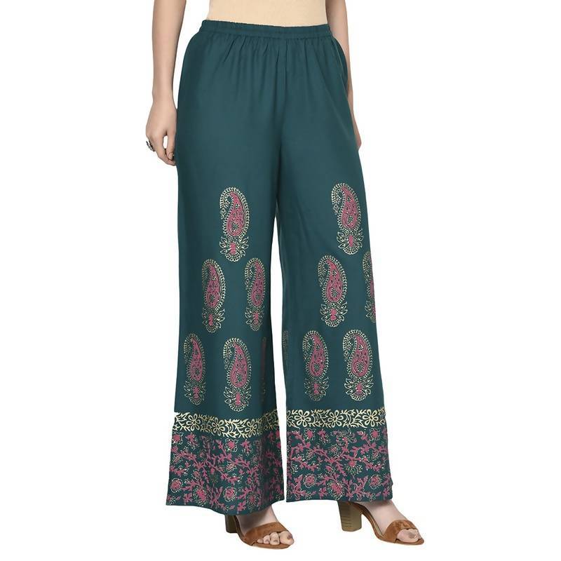 Women's Teal Blue Rayon Block Print Flared slip-on Palazzo