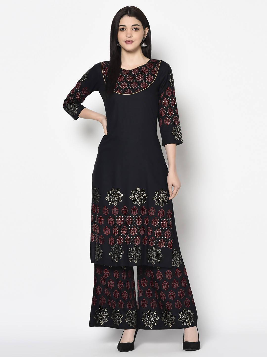 Women's Black Rayon Block Print Flared slip-on Palazzo