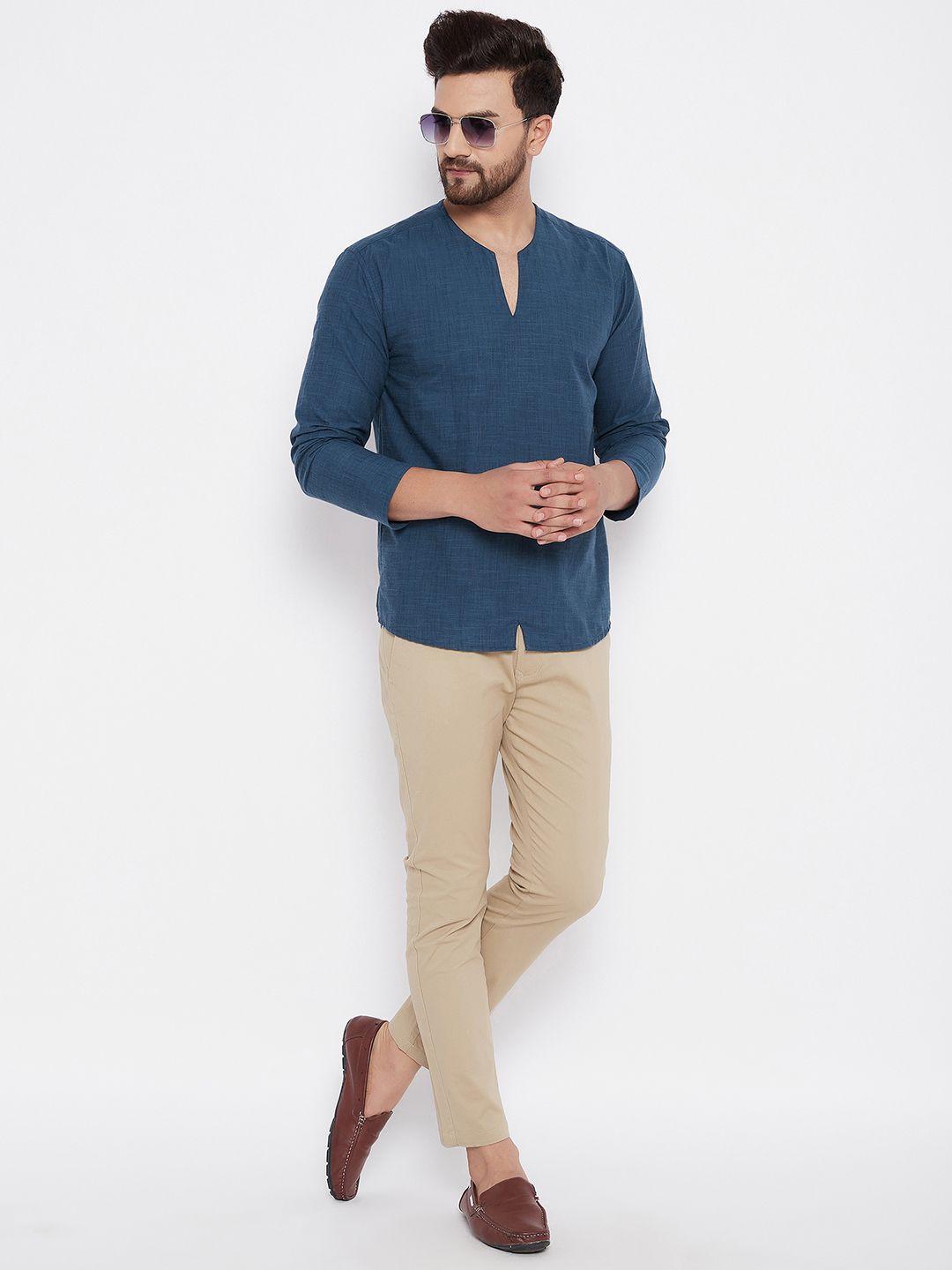 Men's Solid Cotton Blue Kurta
