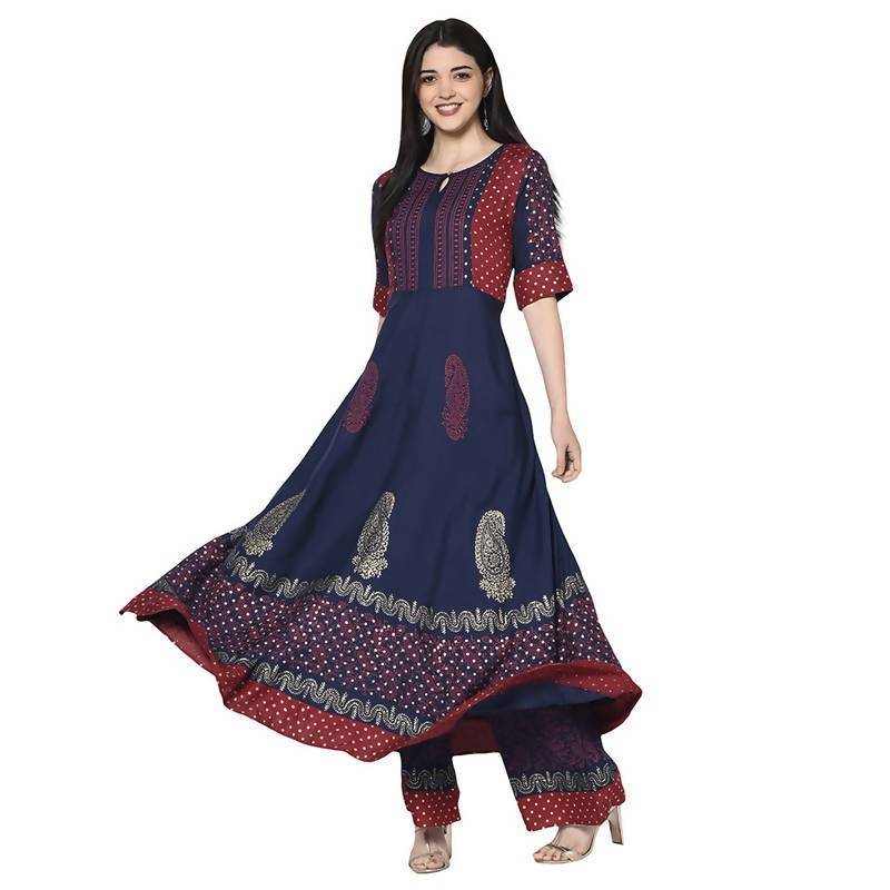 Women's Navy Blue Rayon Block print Anarkali kurta