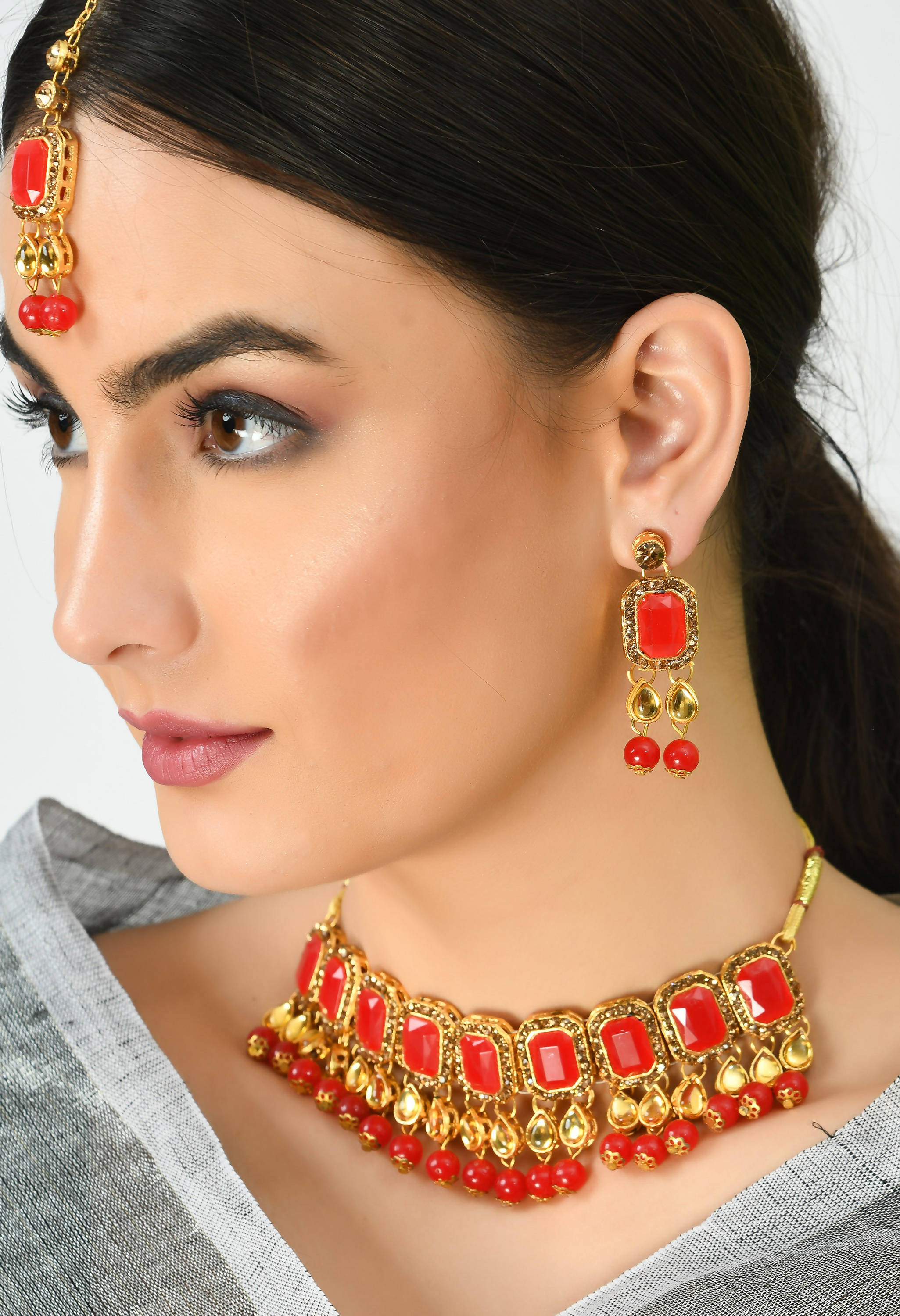 Kamal Johar Gold-Plated Red Color Stone & Pearls Necklace with Earrings ,