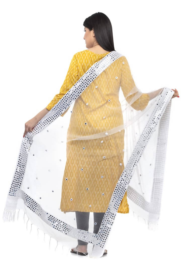 Women's Heavy Mirror Work White Dupatta Mfd0033