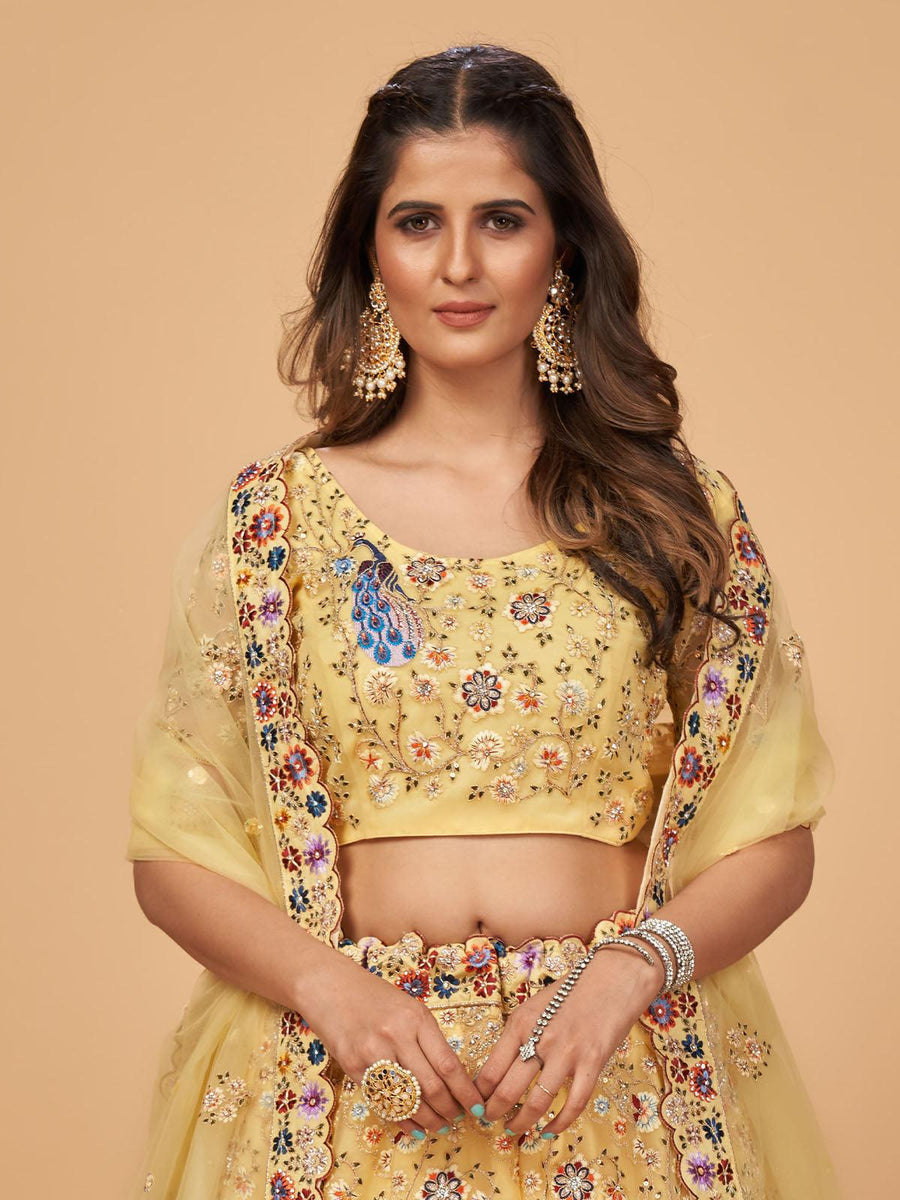 PASTEL YELLOW PRINT & EMBROIDERED LEHENGA SET