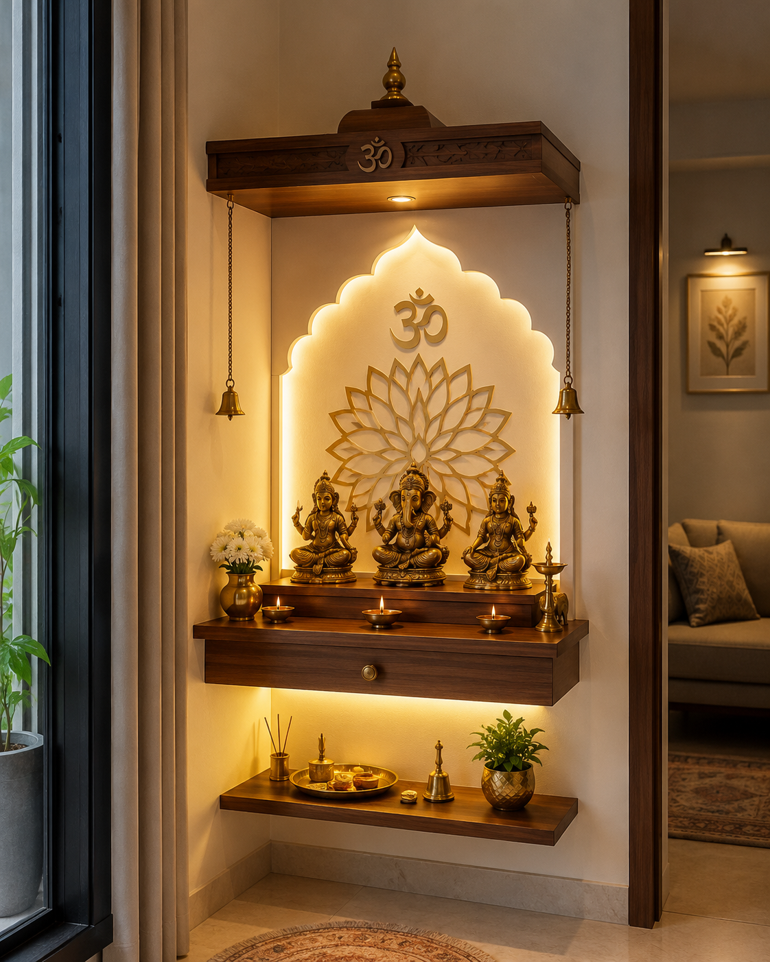 small vastu-friendly pooja room shelf in an apartment corner