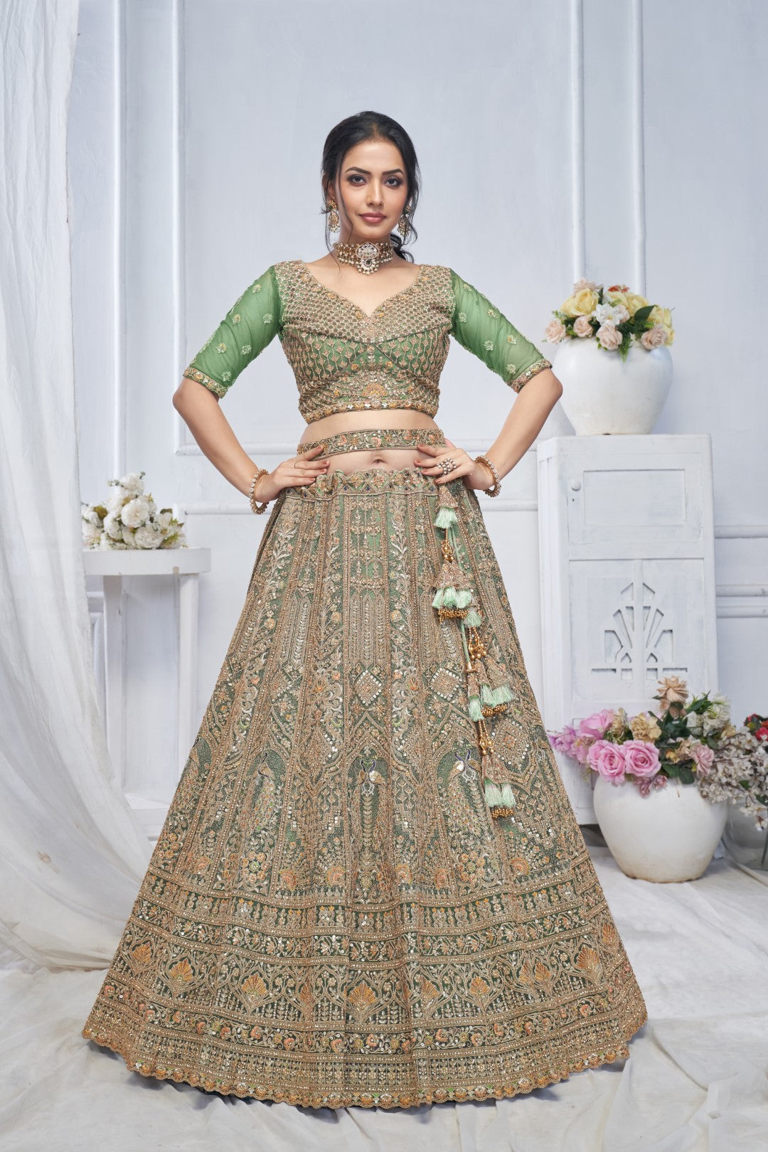 Women's Green Soft Net Embroidery Lehenga Set - Kesar Fab