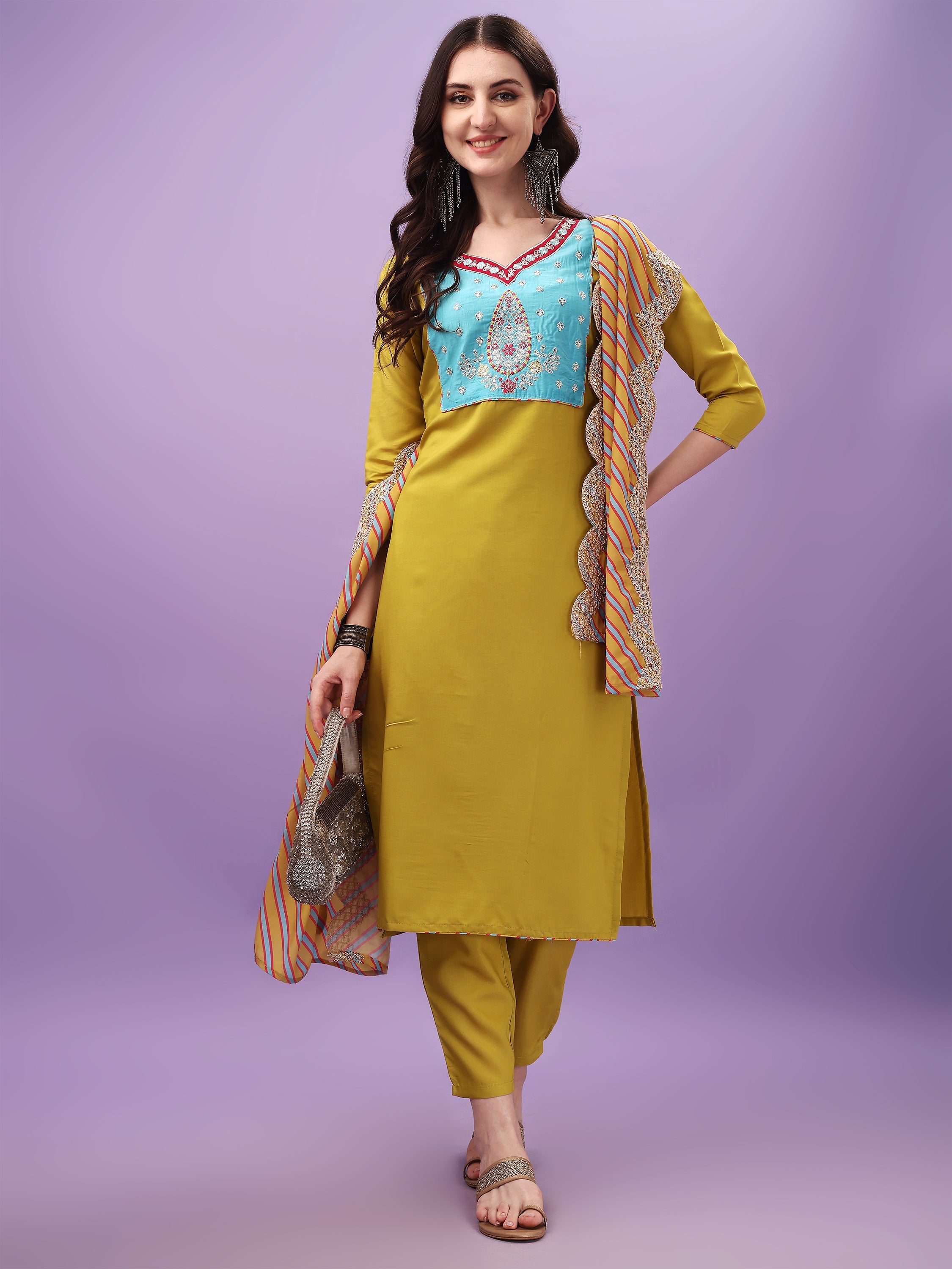 Women's V Neck Embroidered Work Viscose Fabric Kurta & Pant With Dupatta Set - Taantav