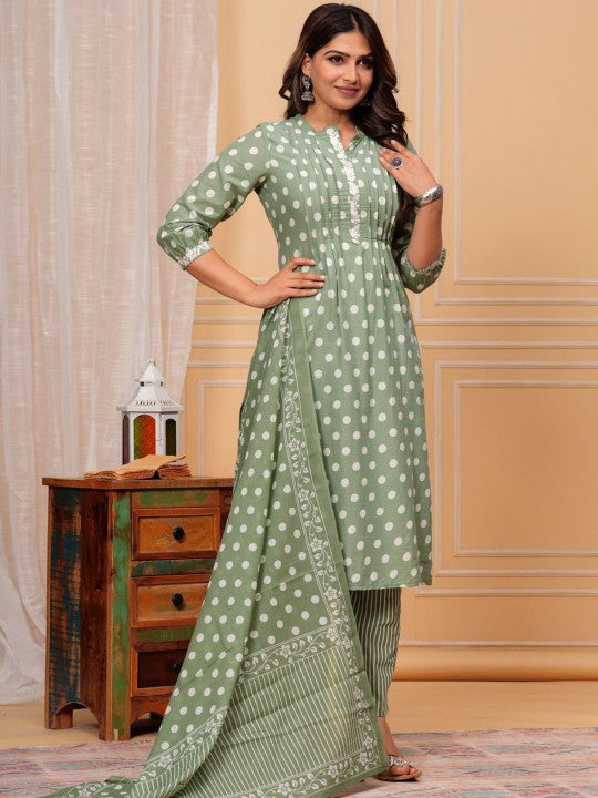 Women's Geometric Printed Thread Work Regular Pure Cotton Kurta with Palazzos & Dupatta - Taantav