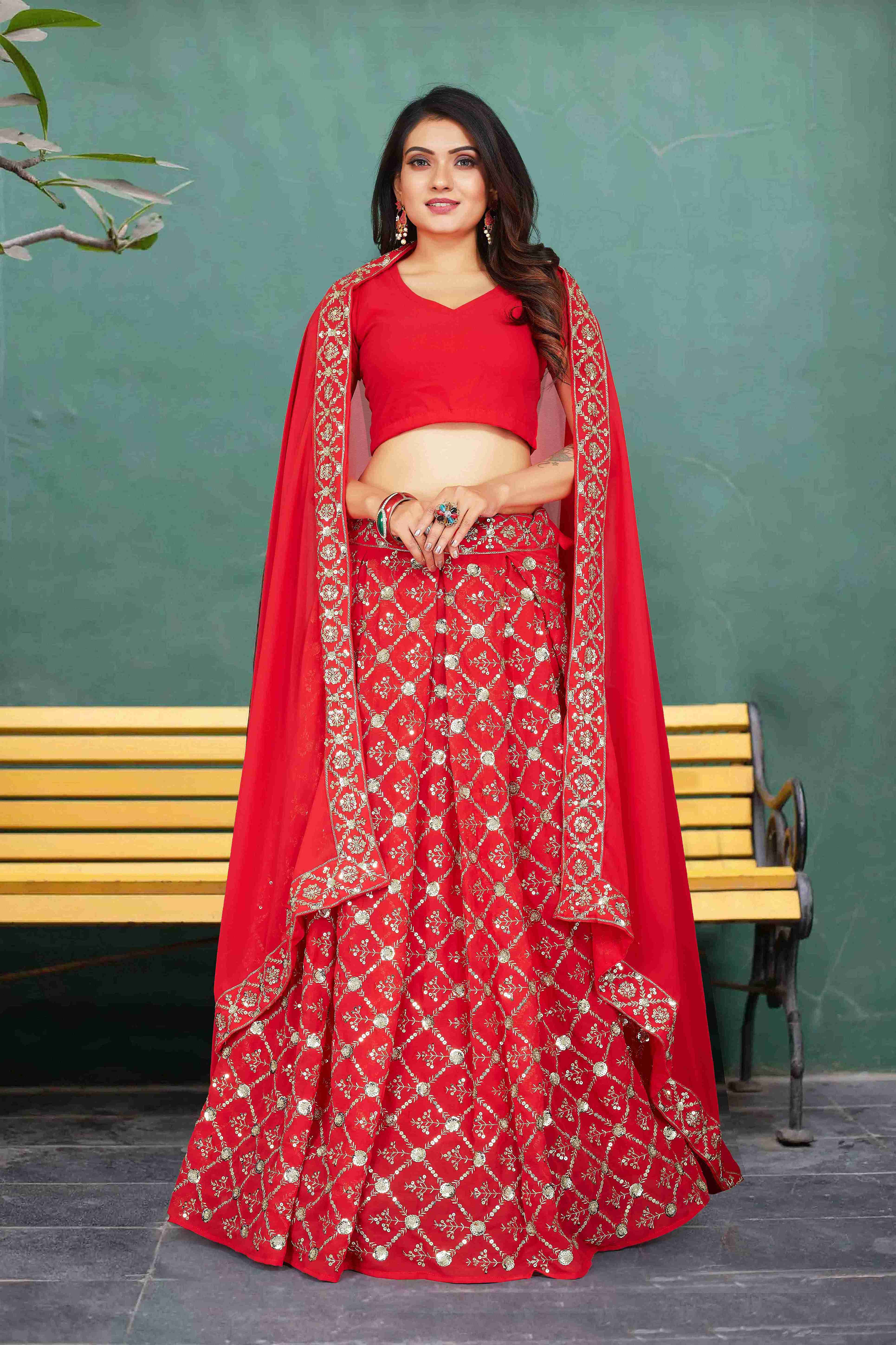 Women's Red Georgette Embroidery Lehenga Set - Harvi Trendz