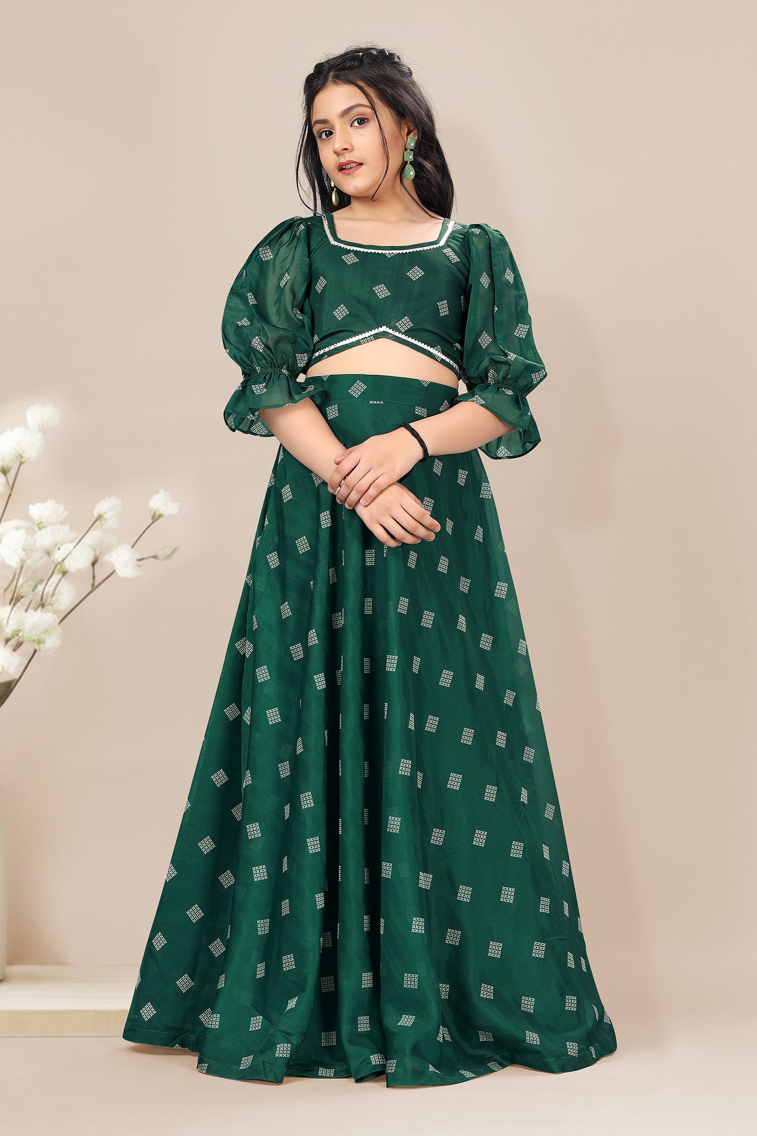 Girl's Bottle Green Geometric Printed Lehenga Choli Set - Fashion Dream