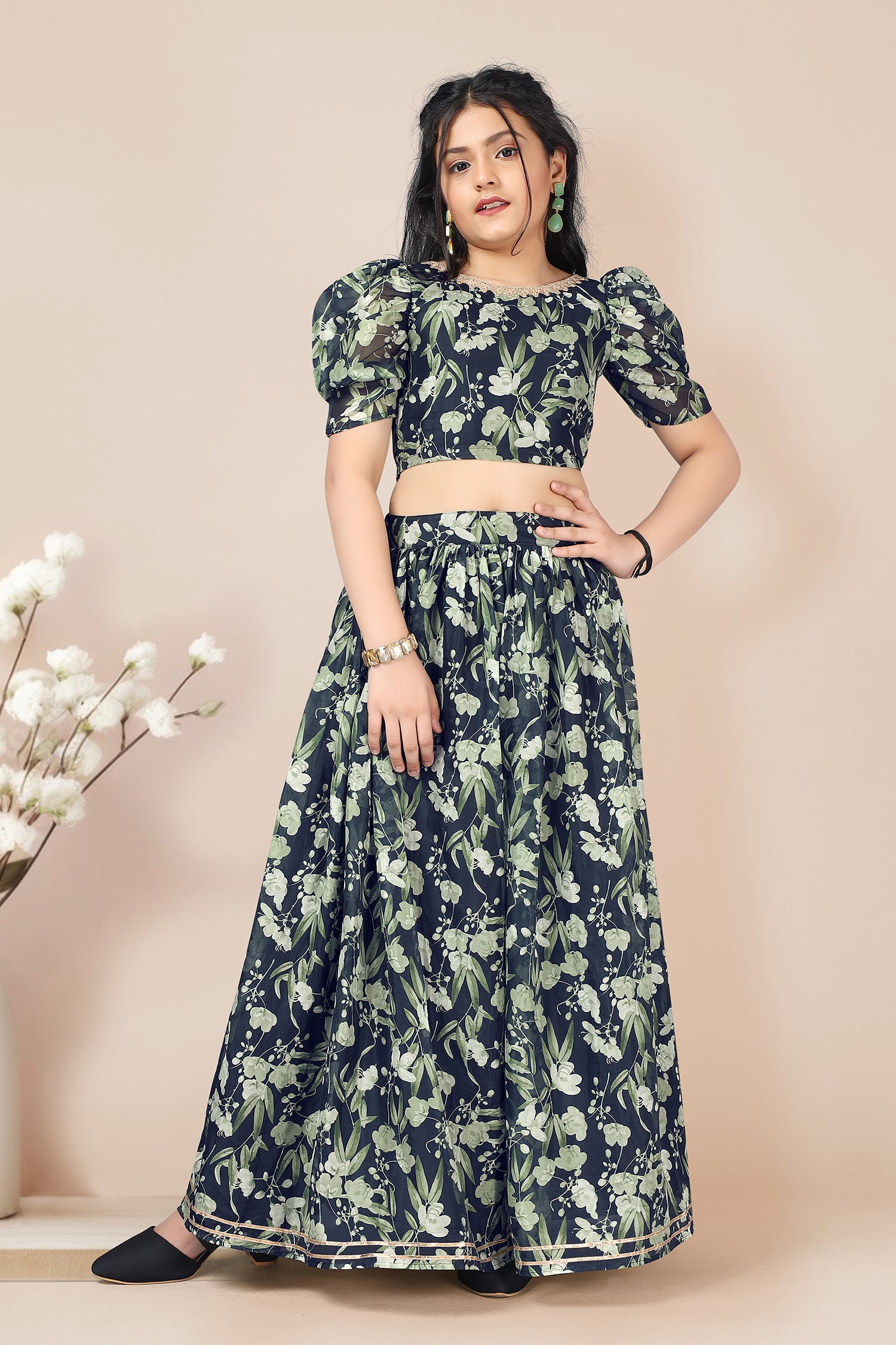 Girl's Green Floral Printed Lehenga Choli Set - Fashion Dream