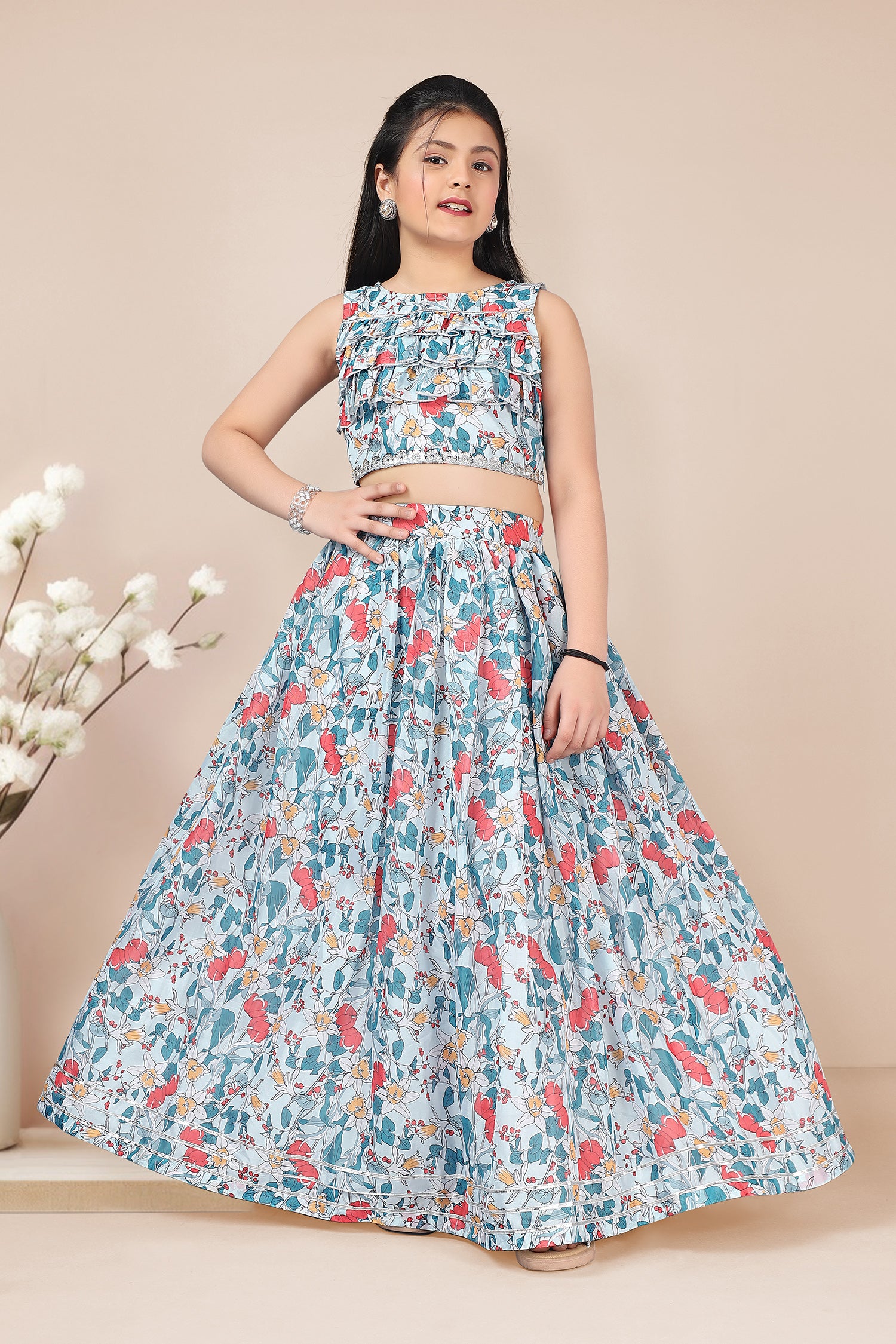 Girl's Powder Blue Tabby Silk Floral Printed Lehenga Choli - Fashion Dream