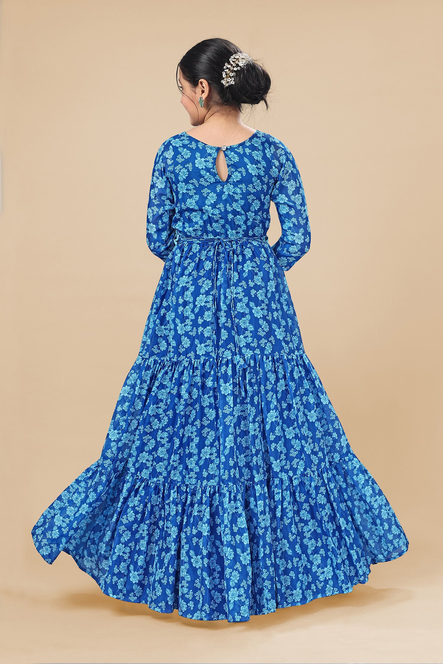 Girl's Blue Tabby Silk Maxi Length Tiered Dresses - Fashion Dream