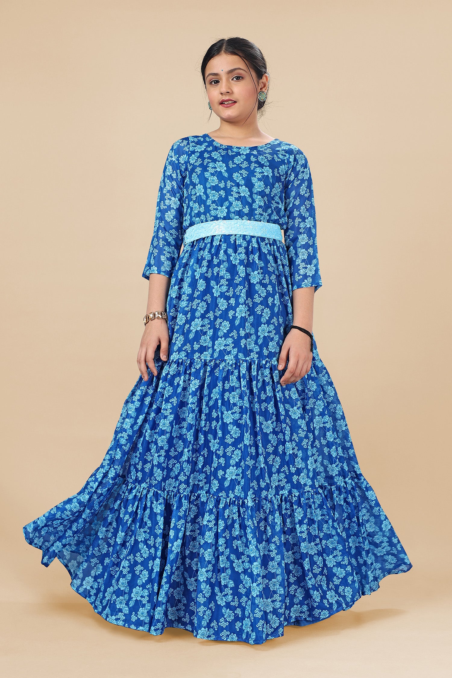 Girl's Blue Tabby Silk Maxi Length Tiered Dresses - Fashion Dream