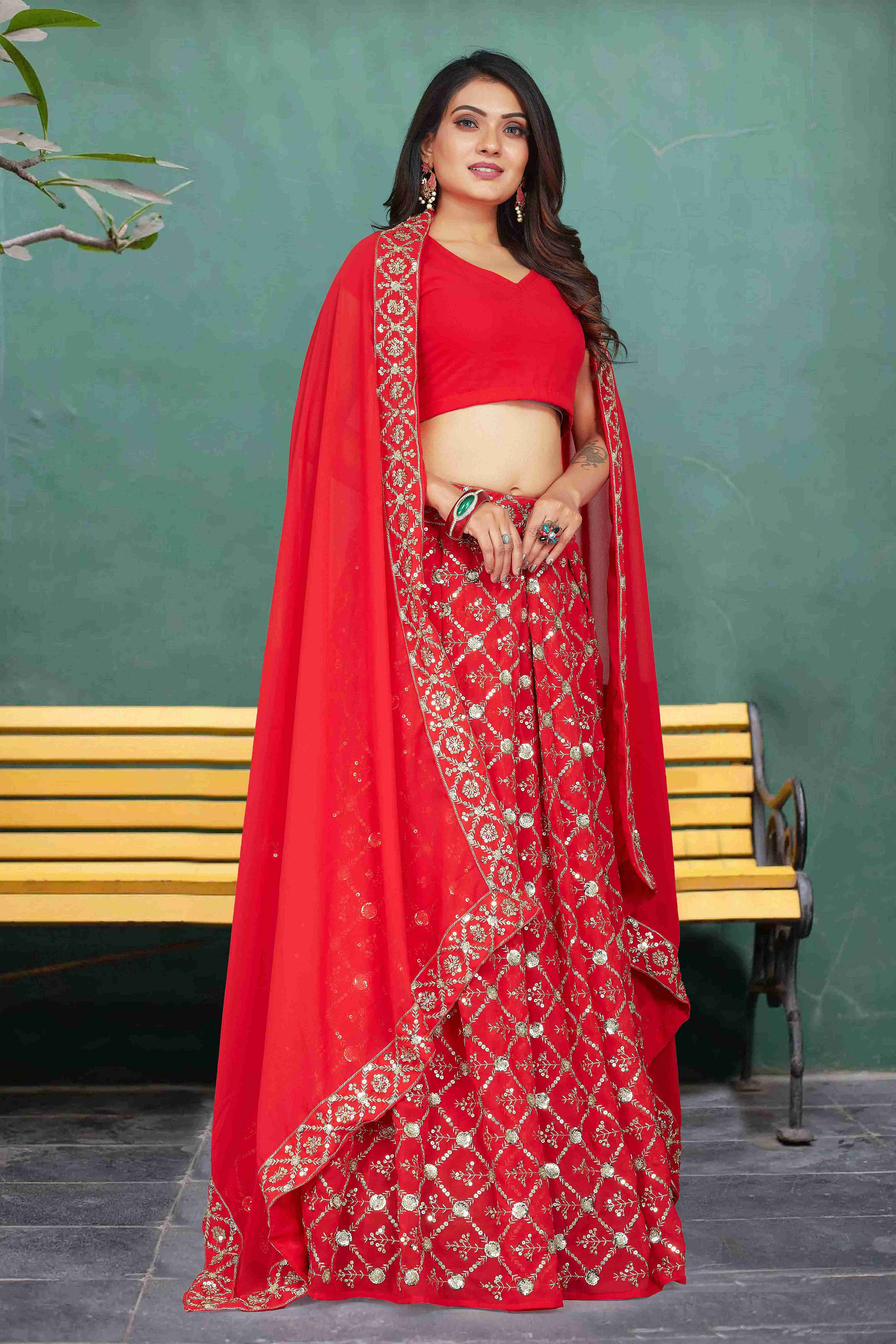 Women's Red Georgette Embroidery Lehenga Set - Harvi Trendz