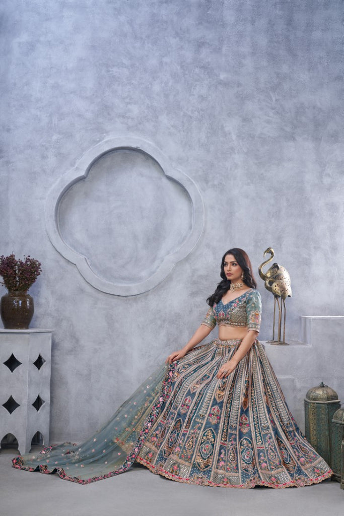 Women's Grey Orgenza Silk  Embroidery With Sequins Lehenga Set