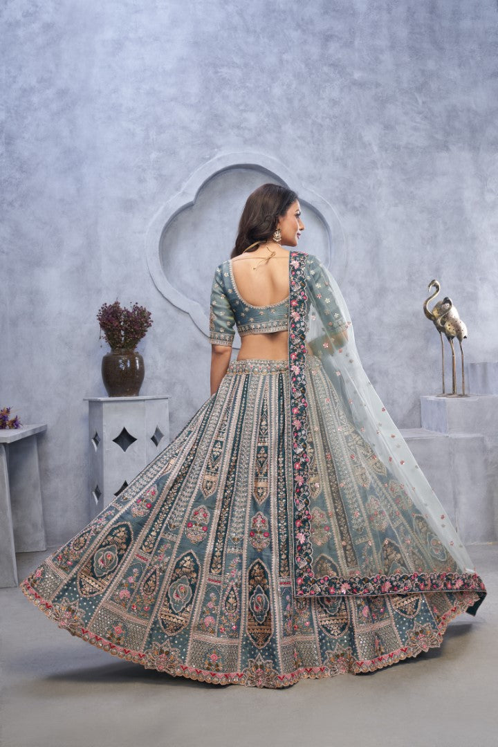 Women's Grey Orgenza Silk  Embroidery With Sequins Lehenga Set - Kesar Fab