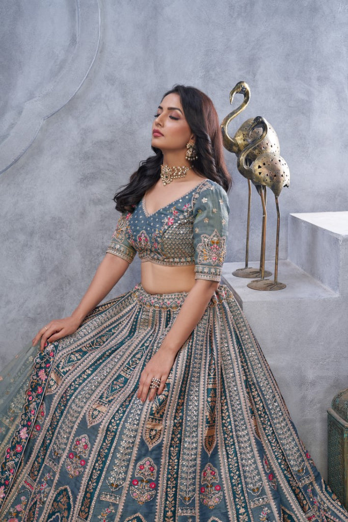 Women's Grey Orgenza Silk  Embroidery With Sequins Lehenga Set