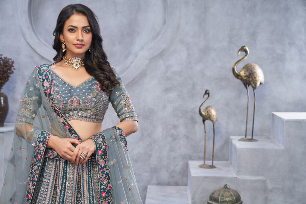 Women's Grey Orgenza Silk  Embroidery With Sequins Lehenga Set