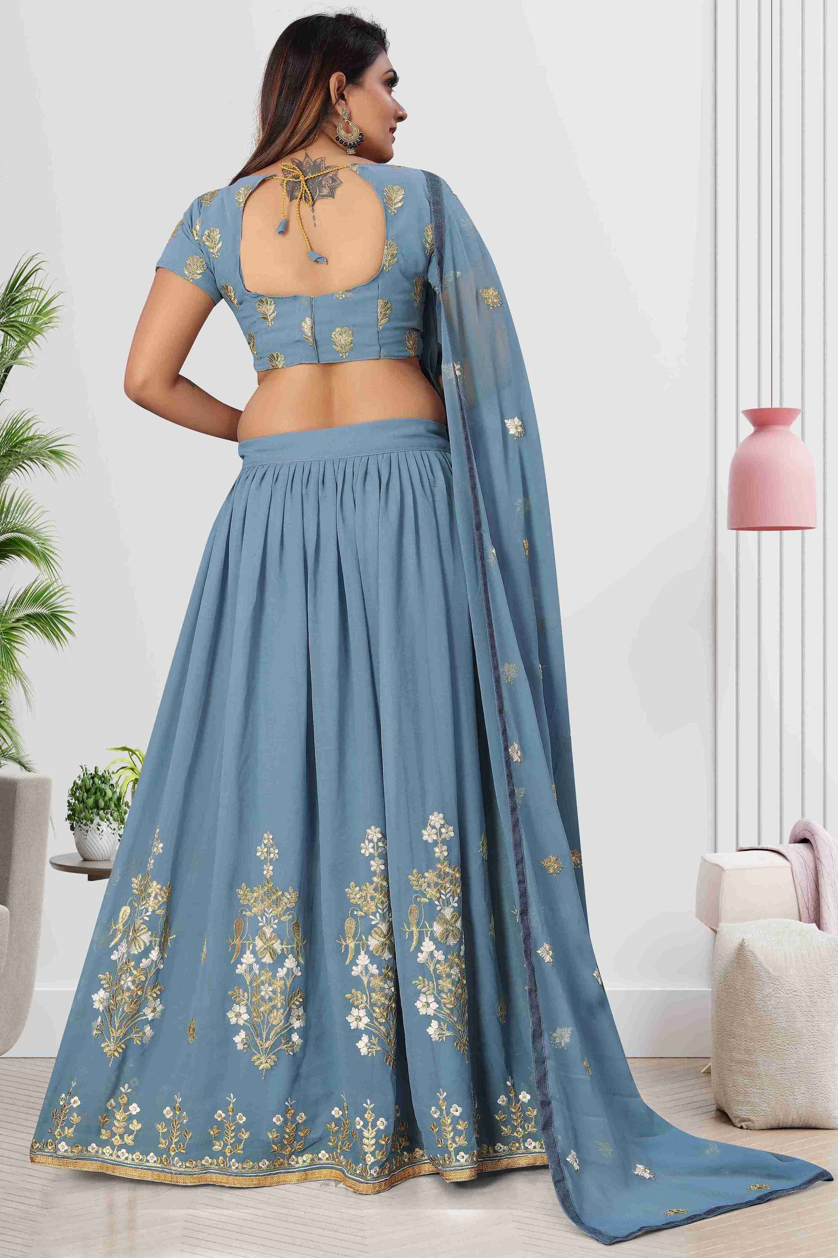 Women's Grey Georgette Embroidery Lehenga Set - Harvi Trendz