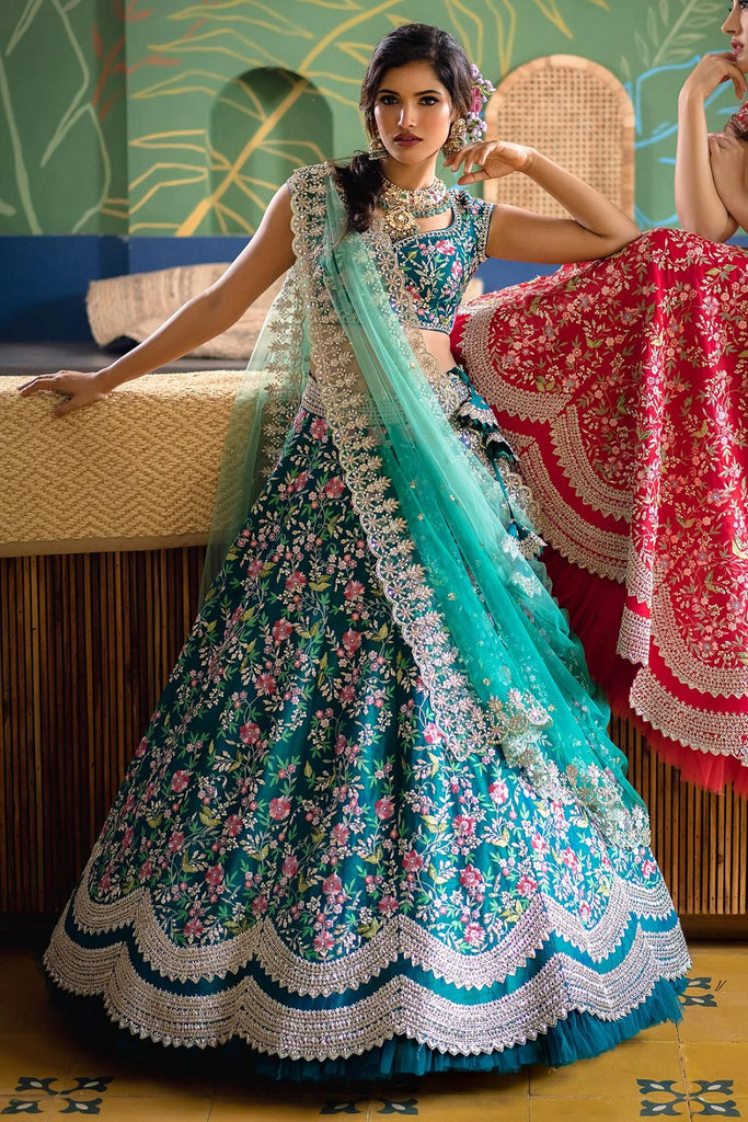 Women's Aqua Blue Satin Embroidery Party Wear Lehengha Choli