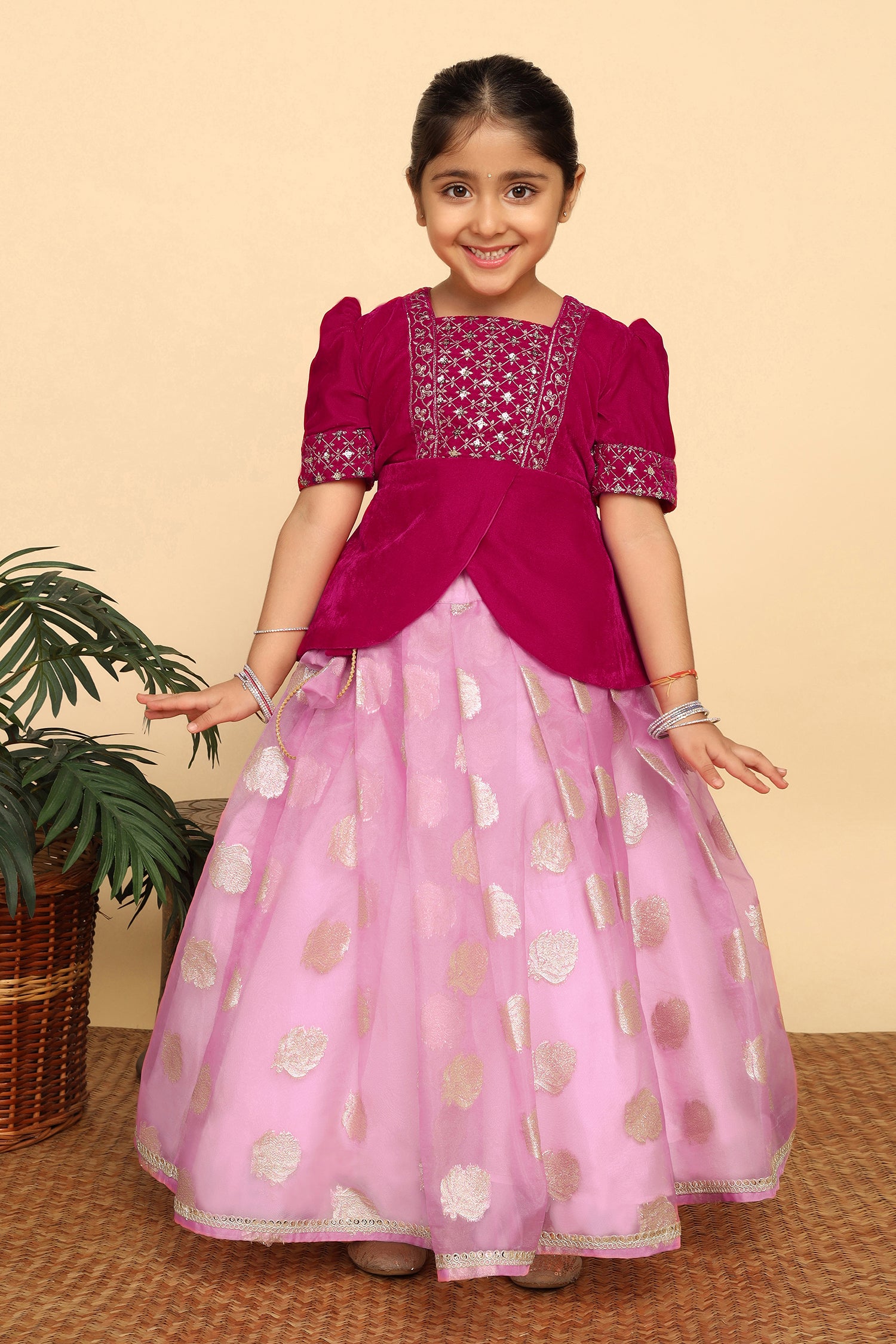 Girl's Rani Pink Organza Embroidered Lehenga Choli Set - Fashion Dream