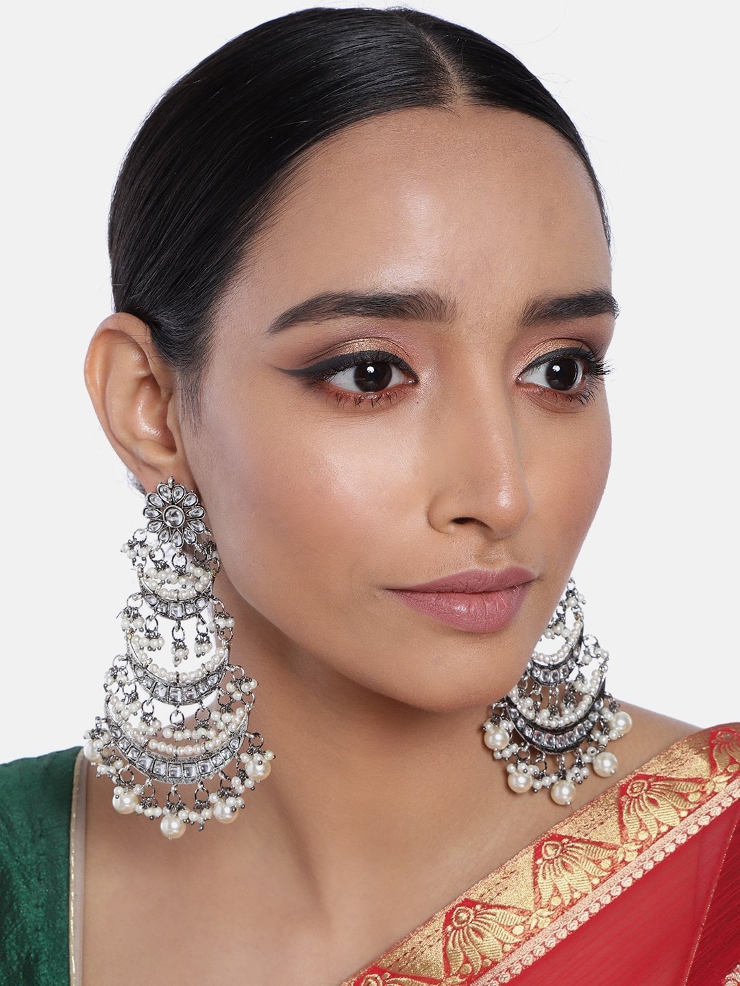 Women's  Silver Oxidised 3 Layered Chandbali Earrings With Kundan And Pearl Work