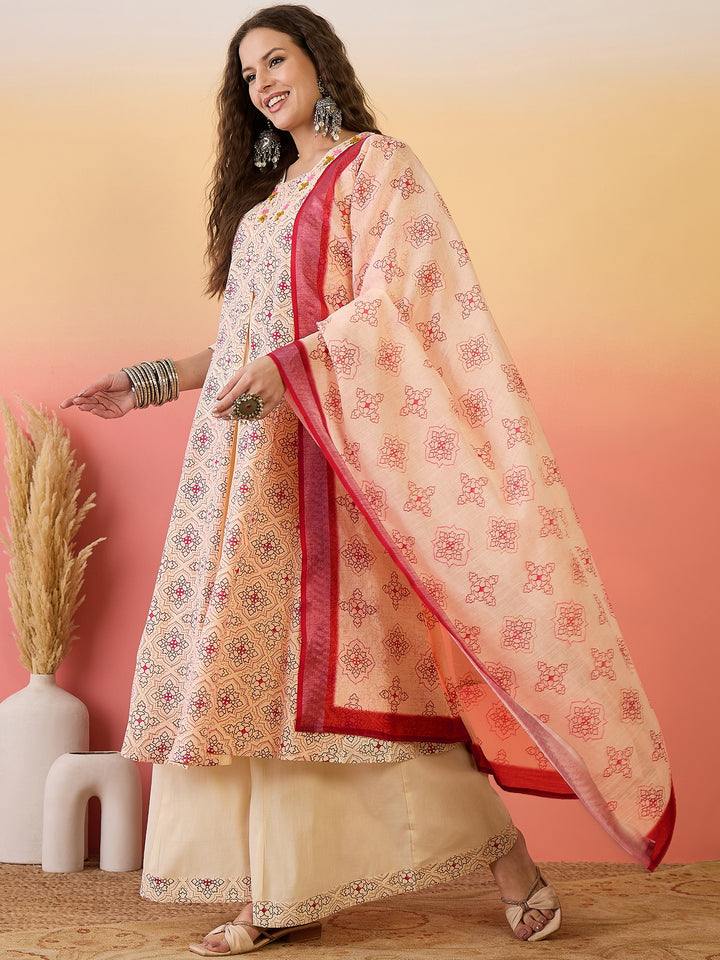 Women's Women Embroidered Khadi Cotton Anarkali Kurta Set With Dupatta