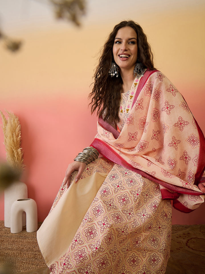 Women's Women Embroidered Khadi Cotton Anarkali Kurta Set With Dupatta