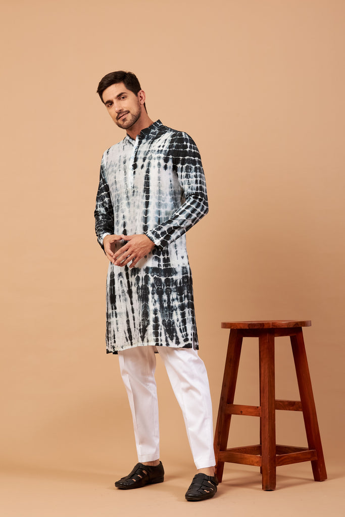 Men's Bottle Green & White Color Tintle Bottle Green Tie & Die Kurta Semi Rawsilk Mix