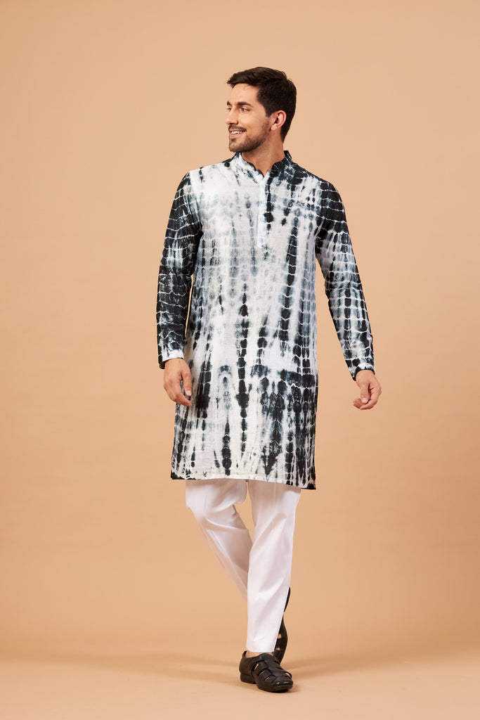 Men's Bottle Green & White Color Tintle Bottle Green Tie & Die Kurta Semi Rawsilk Mix