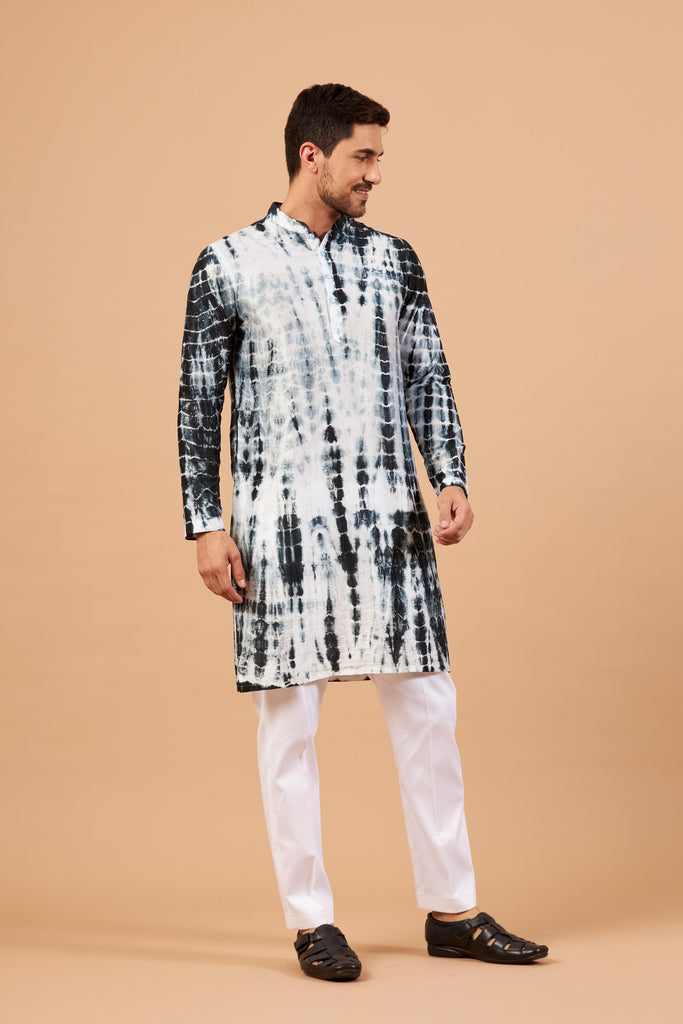 Men's Bottle Green & White Color Tintle Bottle Green Tie & Die Kurta Semi Rawsilk Mix