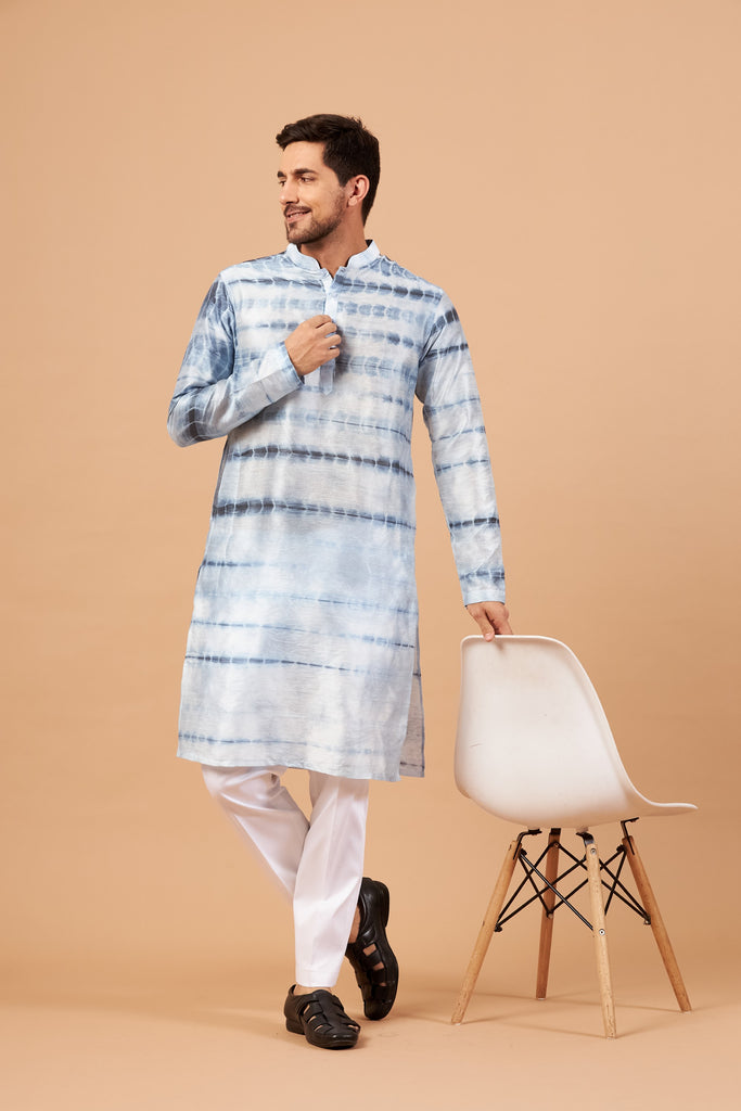 Men's Navy Blue & White Color Blutin Navy Blue Tie & Die Kurta Semi Rawsilk Mix