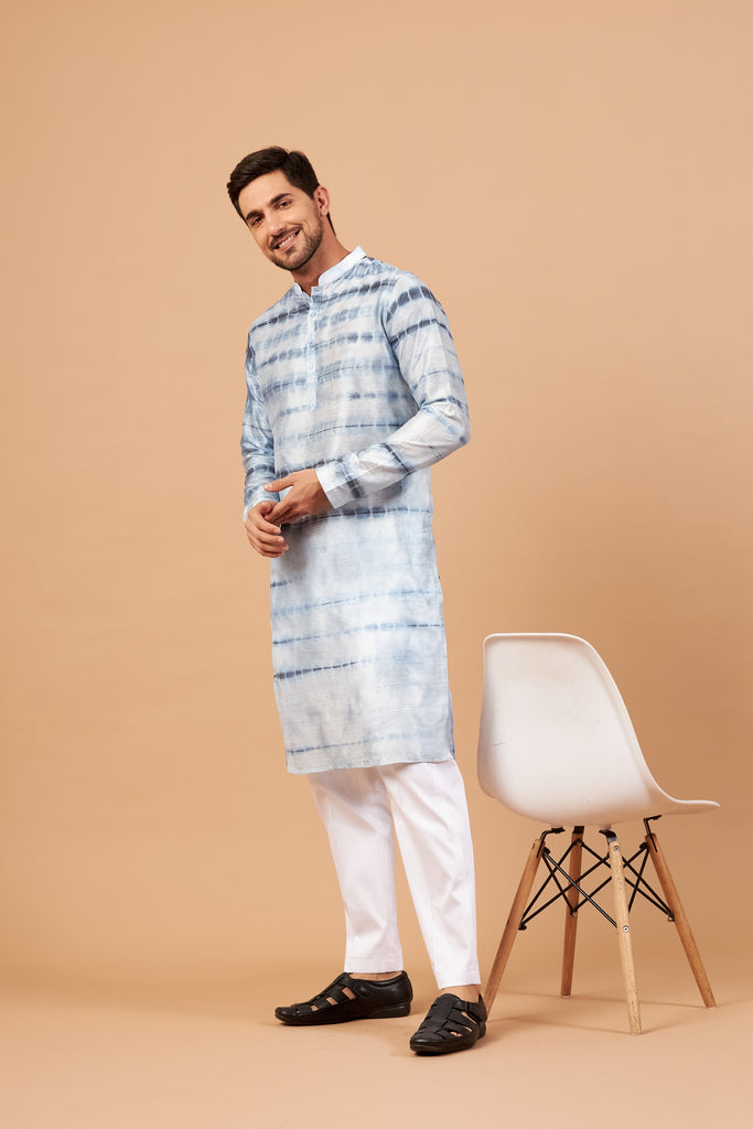 Men's Navy Blue & White Color Blutin Navy Blue Tie & Die Kurta Semi Rawsilk Mix