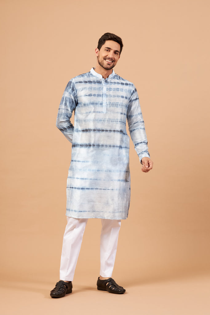 Men's Navy Blue & White Color Blutin Navy Blue Tie & Die Kurta Semi Rawsilk Mix