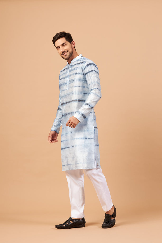 Men's Navy Blue & White Color Blutin Navy Blue Tie & Die Kurta Semi Rawsilk Mix