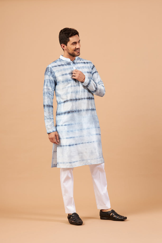 Men's Navy Blue & White Color Blutin Navy Blue Tie & Die Kurta Semi Rawsilk Mix