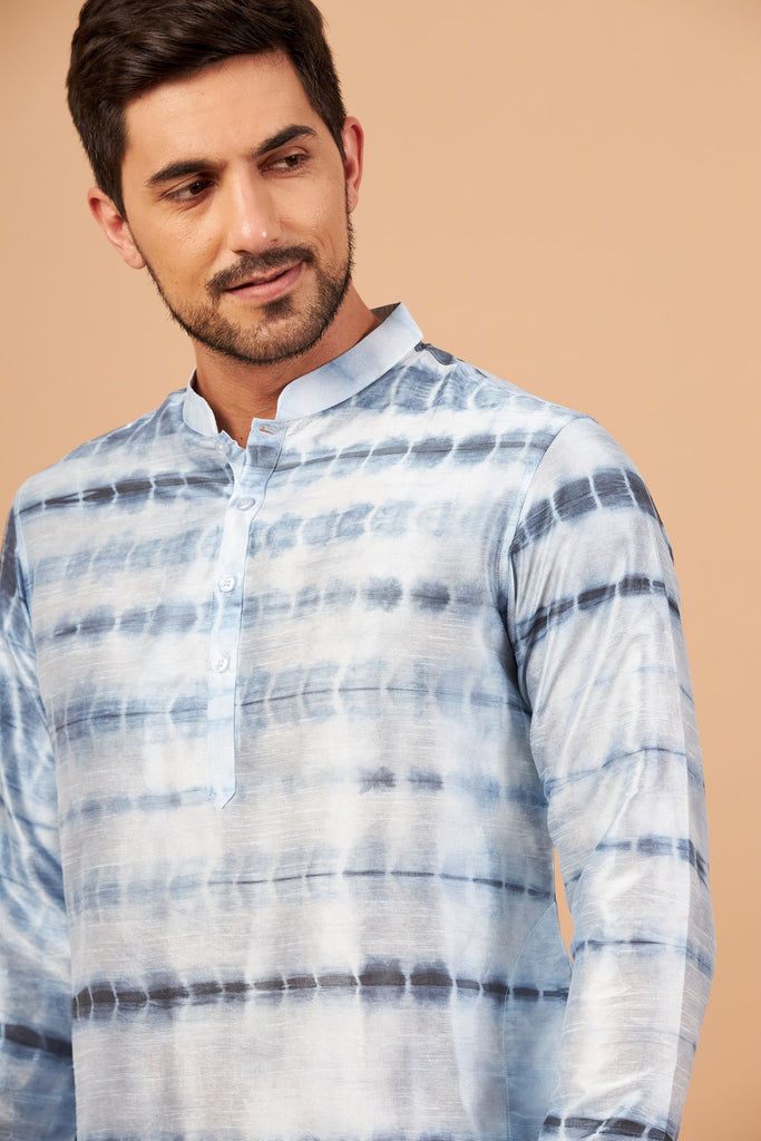 Men's Navy Blue & White Color Blutin Navy Blue Tie & Die Kurta Semi Rawsilk Mix