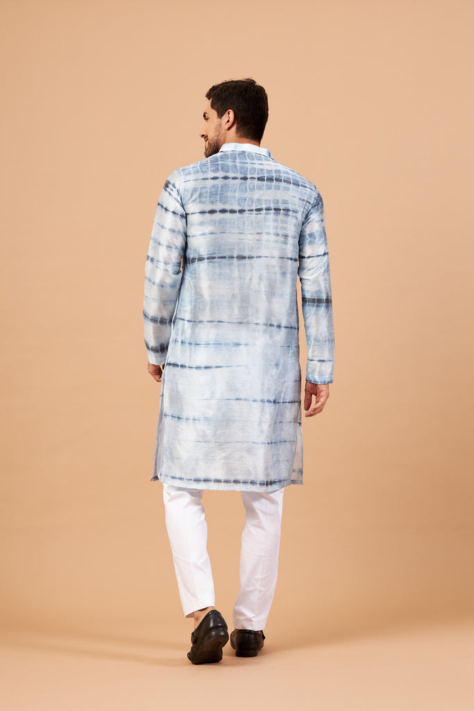 Men's Navy Blue & White Color Blutin Navy Blue Tie & Die Kurta Semi Rawsilk Mix