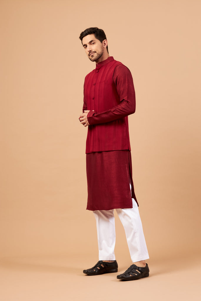 Men's Red Color Nehru Jacket With Kurta Pant Set