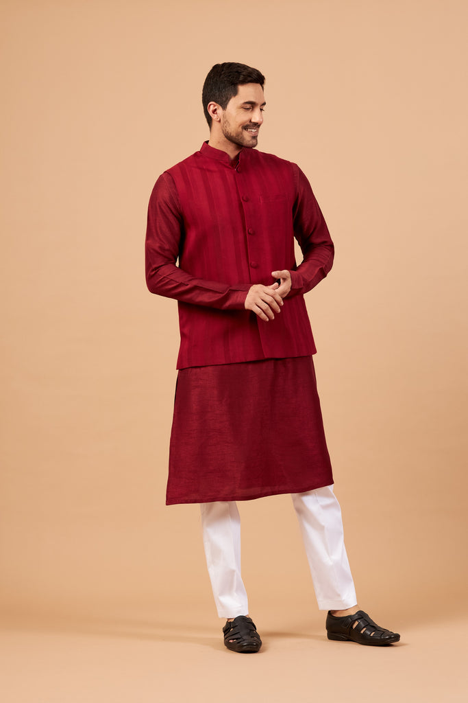 Men's Red Color Nehru Jacket With Kurta Pant Set