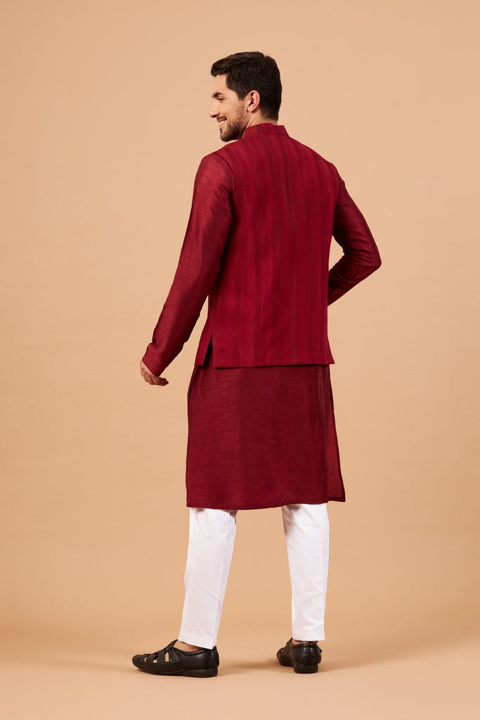 Men's Red Color Nehru Jacket With Kurta Pant Set
