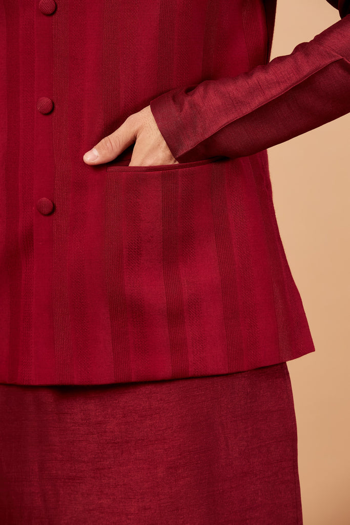 Men's Red Color Nehru Jacket With Kurta Pant Set