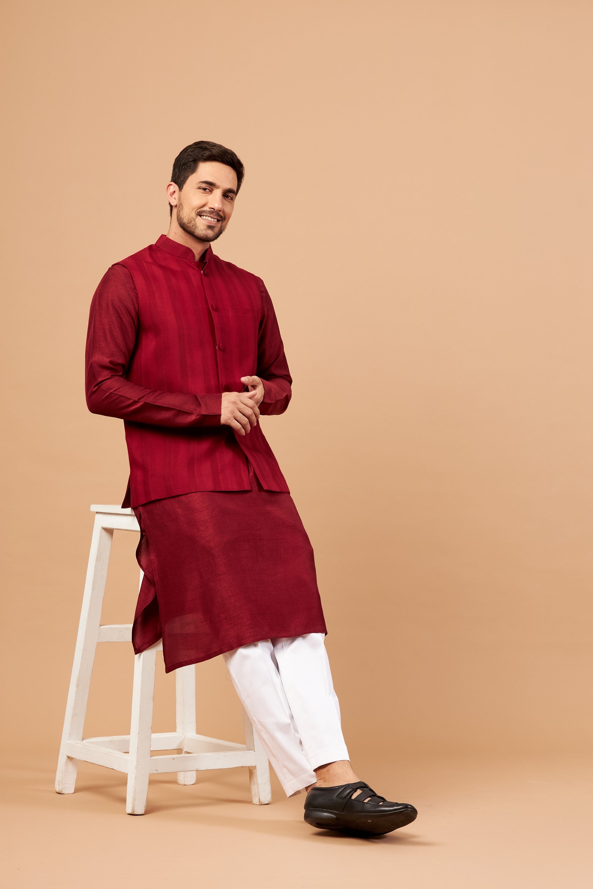 Men's Red Color Nehru Jacket With Kurta Pant Set - Hilo Design
